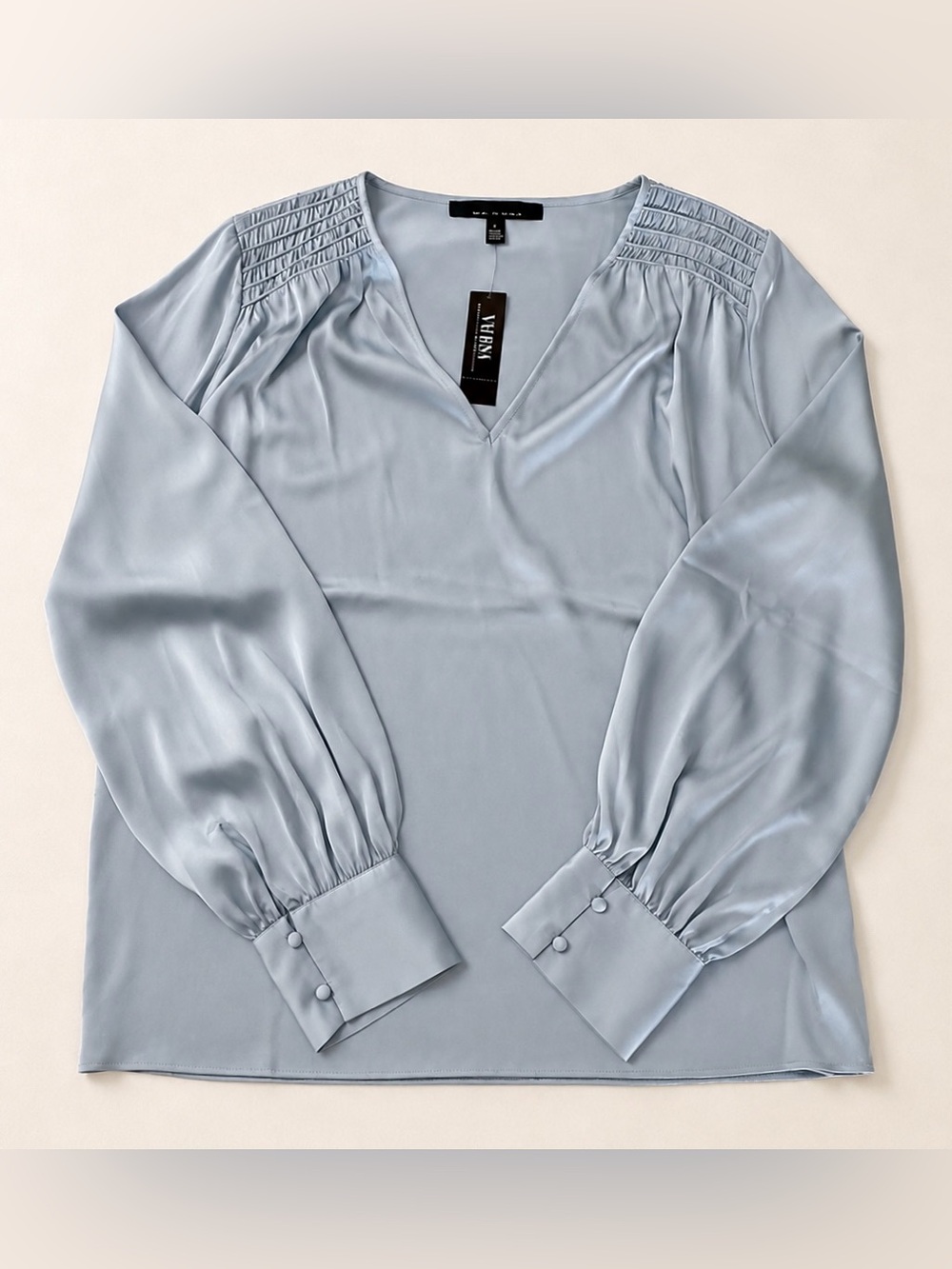 WHBM White House Black Market Blue Satin Blouse Top L V-Neck NWT - Picture 3 of 7